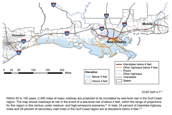 Predicted coastal flooding.