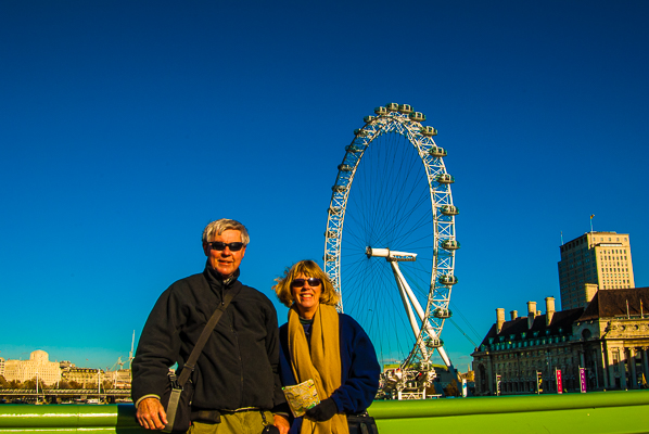 Sunny and Rebecca on Westminster Bridge with the London Eye in the background.
