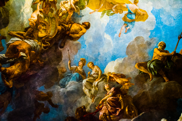 Painting on the ceiling of a room in the Versailles Palace, France.